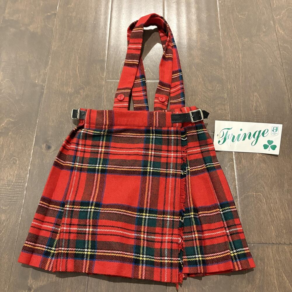 NWT Fringe Kilt Skirt Girls 20 Royal Stewart Tartan Suspenders Ireland Made Wool